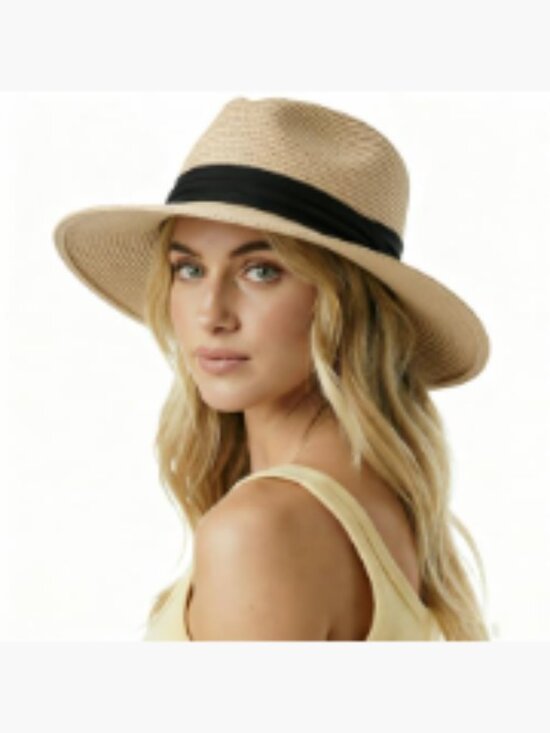 Women Straw Panama Hat Travel Fedora Sun Hat Wide Brim Roll up UPF 50+ main image 4